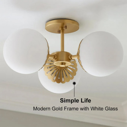 HMR - 3-Light Semi Flush Mount Light with Globe Shade in Gold