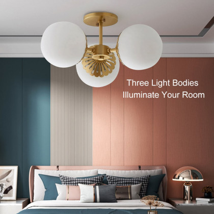 HMR - 3-Light Semi Flush Mount Light with Globe Shade in Gold