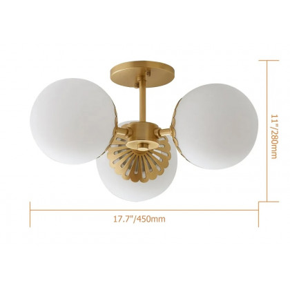 HMR - 3-Light Semi Flush Mount Light with Globe Shade in Gold