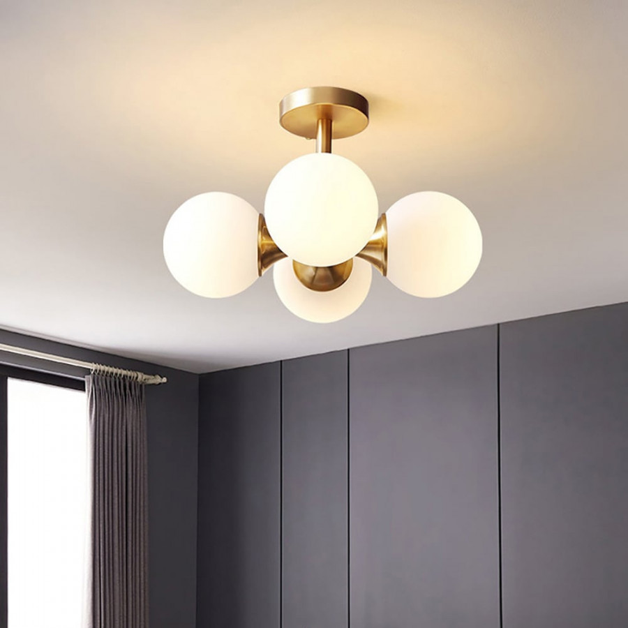 HMR - Globerg 4-Light Semi-Flush Mount Globe Shade Chandelier in Brass