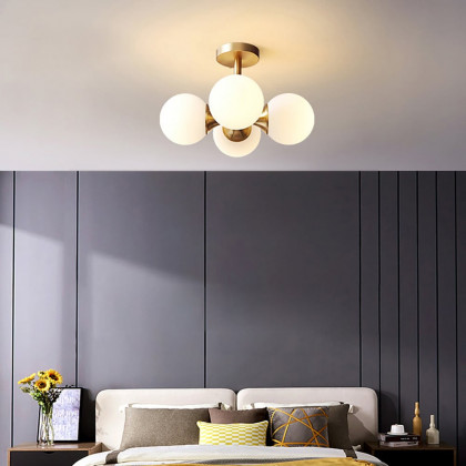 HMR - Globerg 4-Light Semi-Flush Mount Globe Shade Chandelier in Brass