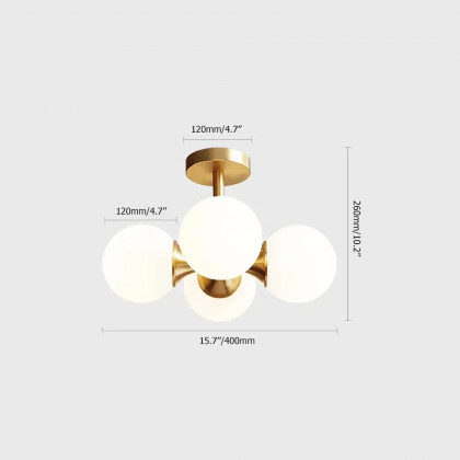 HMR - Globerg 4-Light Semi-Flush Mount Globe Shade Chandelier in Brass