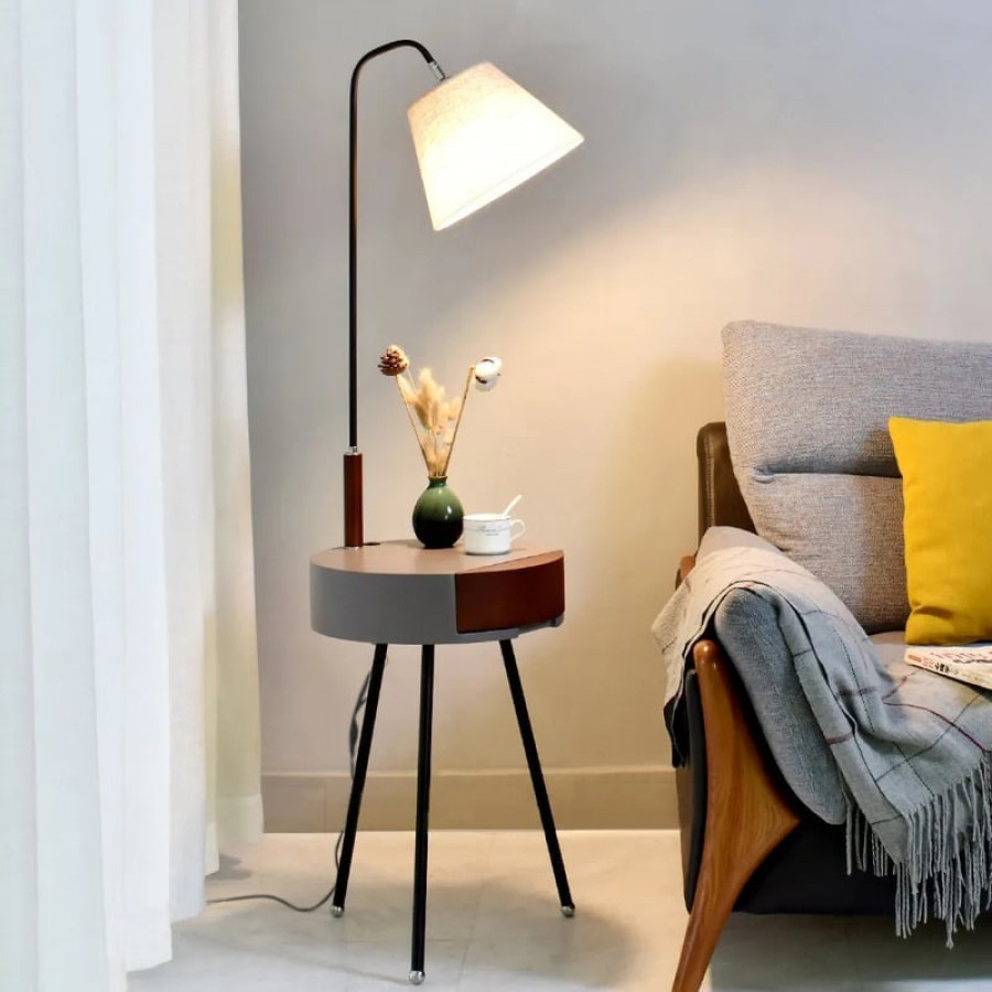 HMR - Arc LED End Table Tripod Floor Lamp Fabric Shade in White