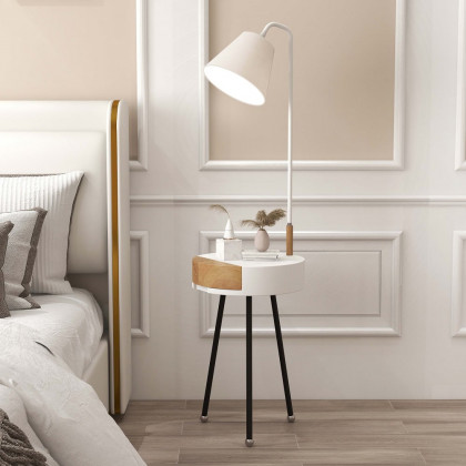HMR - Arc LED End Table Tripod Floor Lamp Fabric Shade in White
