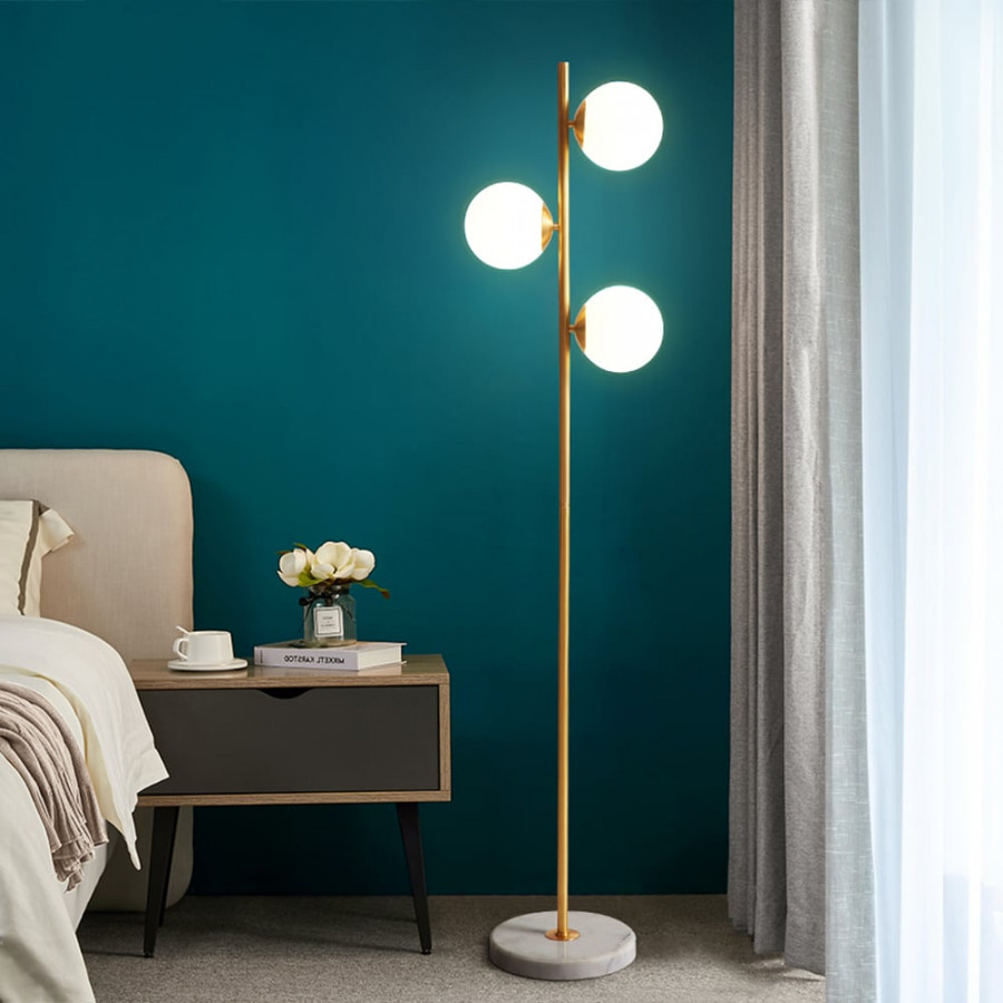 HMR - 3-Light Tree Floor Lamp Glass Globe Shade Marble Base in Gold and White