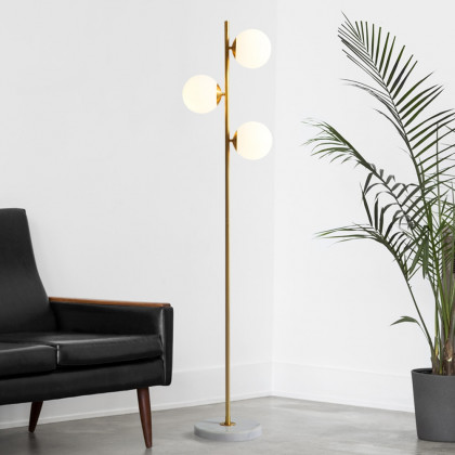 HMR - 3-Light Tree Floor Lamp Glass Globe Shade Marble Base in Gold and White