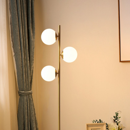 HMR - 3-Light Tree Floor Lamp Glass Globe Shade Marble Base in Gold and White