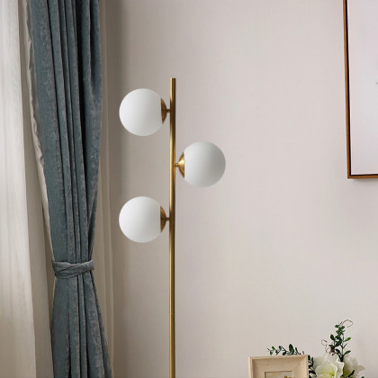 HMR - 3-Light Tree Floor Lamp Glass Globe Shade Marble Base in Gold and White