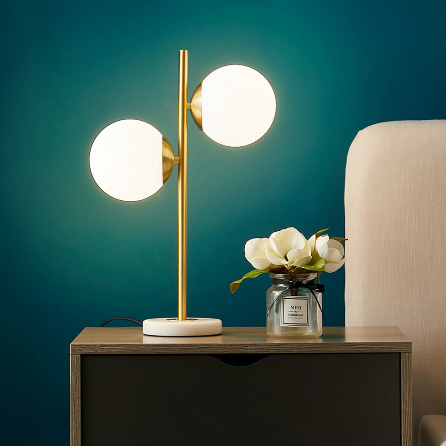 HMR - LED Globe Table Lamp 2 Light with Glass Shade and Marble Base in Gold and White