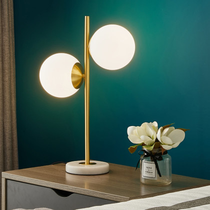 HMR - LED Globe Table Lamp 2 Light with Glass Shade and Marble Base in Gold and White