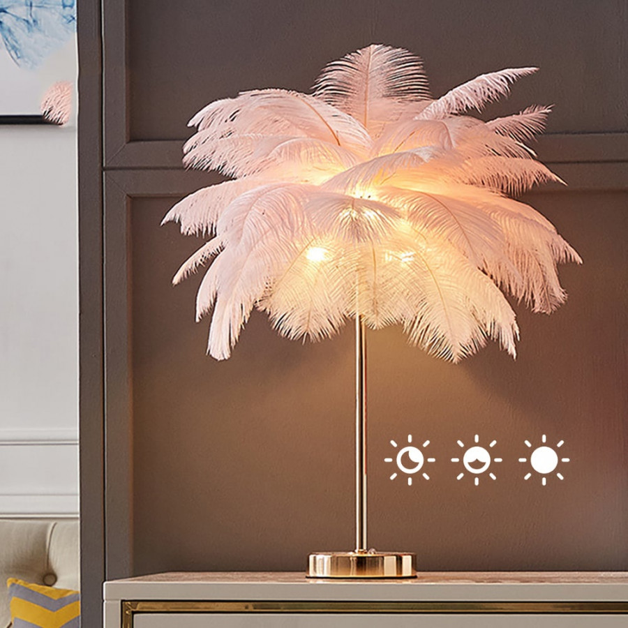 HMR - Loftus Art Deco Gold Portable Table Lamp with Feather & USB Charging