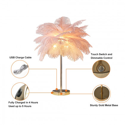 HMR - Loftus Art Deco Gold Portable Table Lamp with Feather & USB Charging