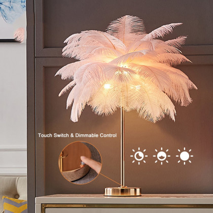 HMR - Loftus Art Deco Gold Portable Table Lamp with Feather & USB Charging