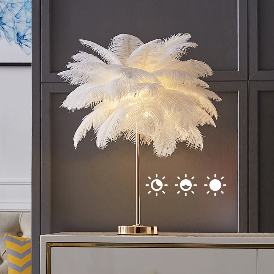 HMR Loftus Art Deco Gold Portable Table Lamp with Feather & USB Charging - White, Dimmable