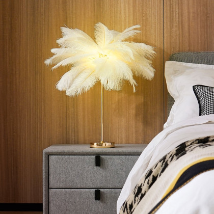 HMR Loftus Art Deco Gold Portable Table Lamp with Feather & USB Charging - White, Dimmable