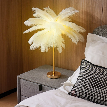 HMR Loftus Art Deco Gold Portable Table Lamp with Feather & USB Charging - White, Dimmable