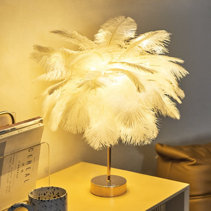 HMR Loftus Art Deco Gold Portable Table Lamp with Feather & USB Charging - White, Dimmable