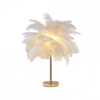 HMR Loftus Art Deco Gold Portable Table Lamp with Feather & USB Charging - White, Dimmable