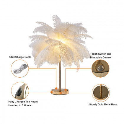HMR Loftus Art Deco Gold Portable Table Lamp with Feather & USB Charging - White, Dimmable