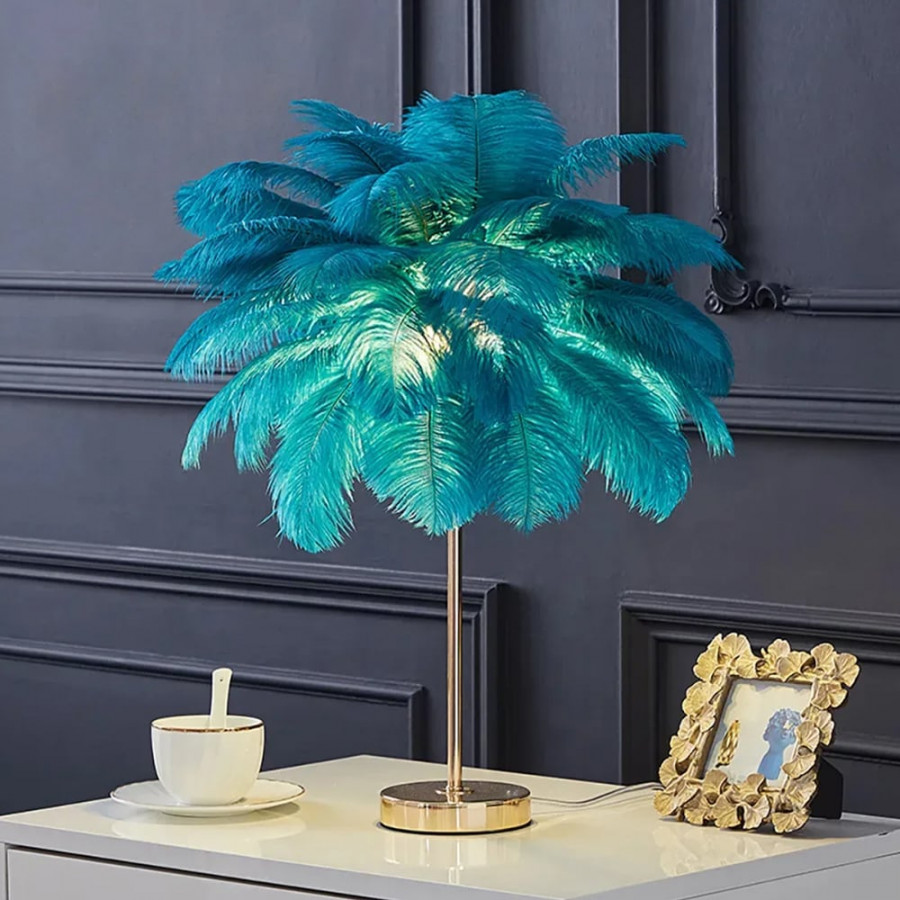 HMR Loftus Art Deco Gold Portable Table Lamp with Feather & USB Charging - Green, Dimmable