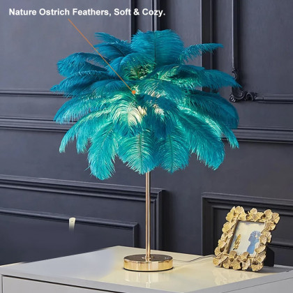 HMR Loftus Art Deco Gold Portable Table Lamp with Feather & USB Charging - Green, Dimmable