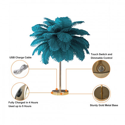 HMR Loftus Art Deco Gold Portable Table Lamp with Feather & USB Charging - Green, Dimmable