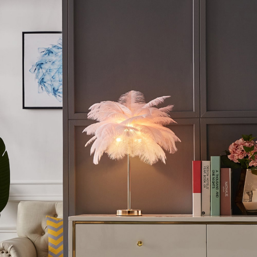 HMR Loftus Art Deco Gold Portable Table Lamp with Feather & USB Charging - Pink, No Dimmable