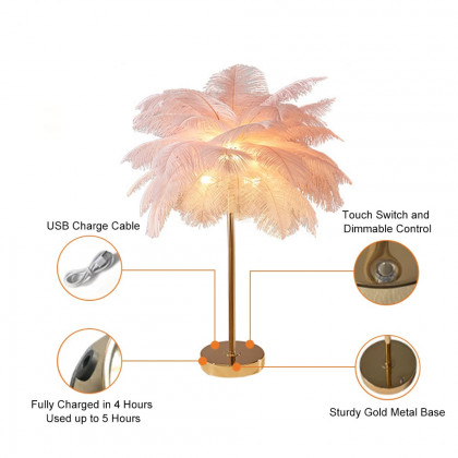 HMR Loftus Art Deco Gold Portable Table Lamp with Feather & USB Charging - Pink, No Dimmable