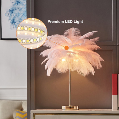 HMR Loftus Art Deco Gold Portable Table Lamp with Feather & USB Charging - Pink, No Dimmable