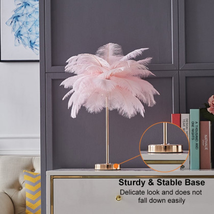 HMR Loftus Art Deco Gold Portable Table Lamp with Feather & USB Charging - Pink, No Dimmable