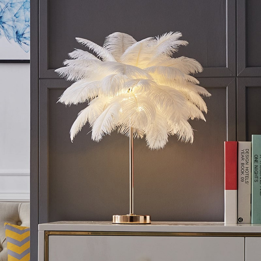 HMR Loftus Art Deco Gold Portable Table Lamp with Feather & USB Charging - White, No Dimmable