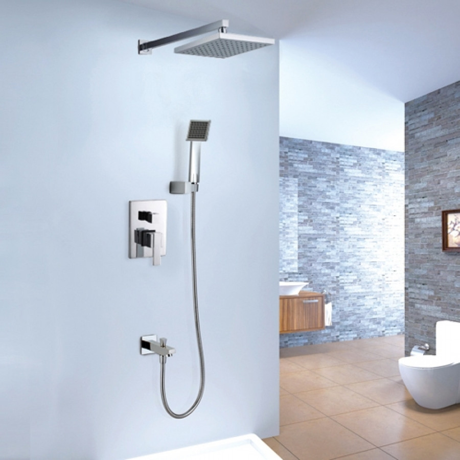 HMR - 8" Square Wall Mount Shower System with Hand Shower and Tub Spout in Brass