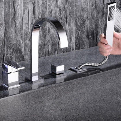 HMR - Dree Double Handle 4-Hole Faucet with Hand Shower in Solid Brass