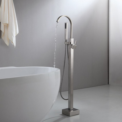 HMR - Dree Freestanding Tub Filler with Single Handle in Brushed Nickel, Brass