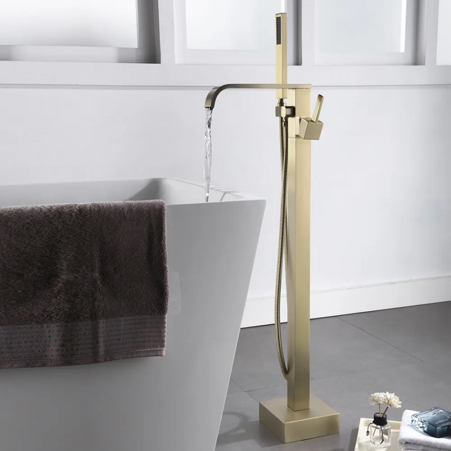 HMR - Dree Floor Mounted Faucet with Handheld Shower in Brushed Nickel, Brass