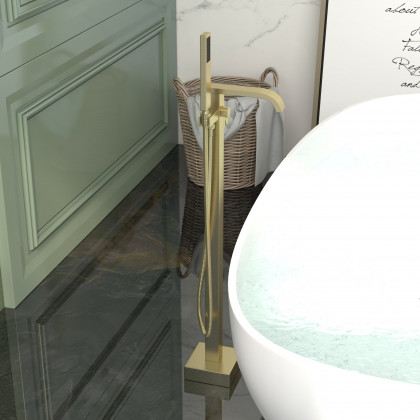 HMR - Dree Floor Mounted Faucet with Handheld Shower in Brushed Nickel, Brass