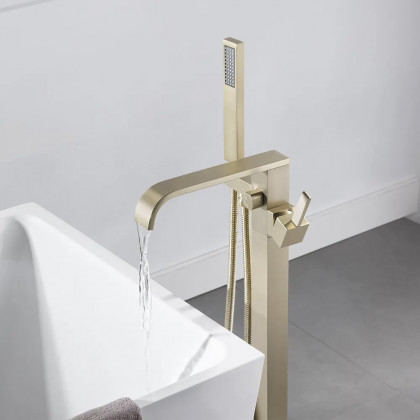 HMR - Dree Floor Mounted Faucet with Handheld Shower in Brushed Nickel, Brass