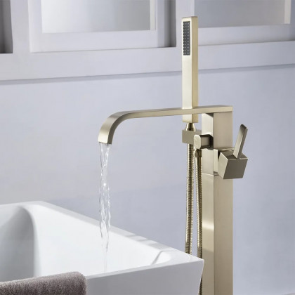 HMR - Dree Floor Mounted Faucet with Handheld Shower in Brushed Nickel, Brass