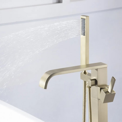 HMR - Dree Floor Mounted Faucet with Handheld Shower in Brushed Nickel, Brass