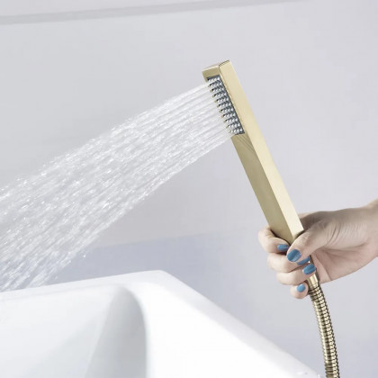 HMR - Dree Floor Mounted Faucet with Handheld Shower in Brushed Nickel, Brass