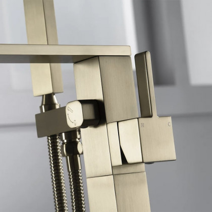 HMR - Dree Floor Mounted Faucet with Handheld Shower in Brushed Nickel, Brass