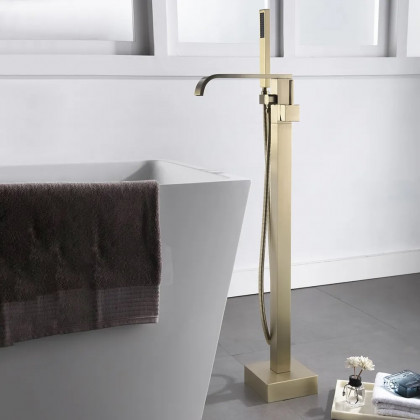 HMR - Dree Floor Mounted Faucet with Handheld Shower in Brushed Nickel, Brass