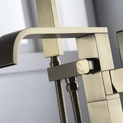 HMR - Dree Floor Mounted Faucet with Handheld Shower in Brushed Nickel, Brass