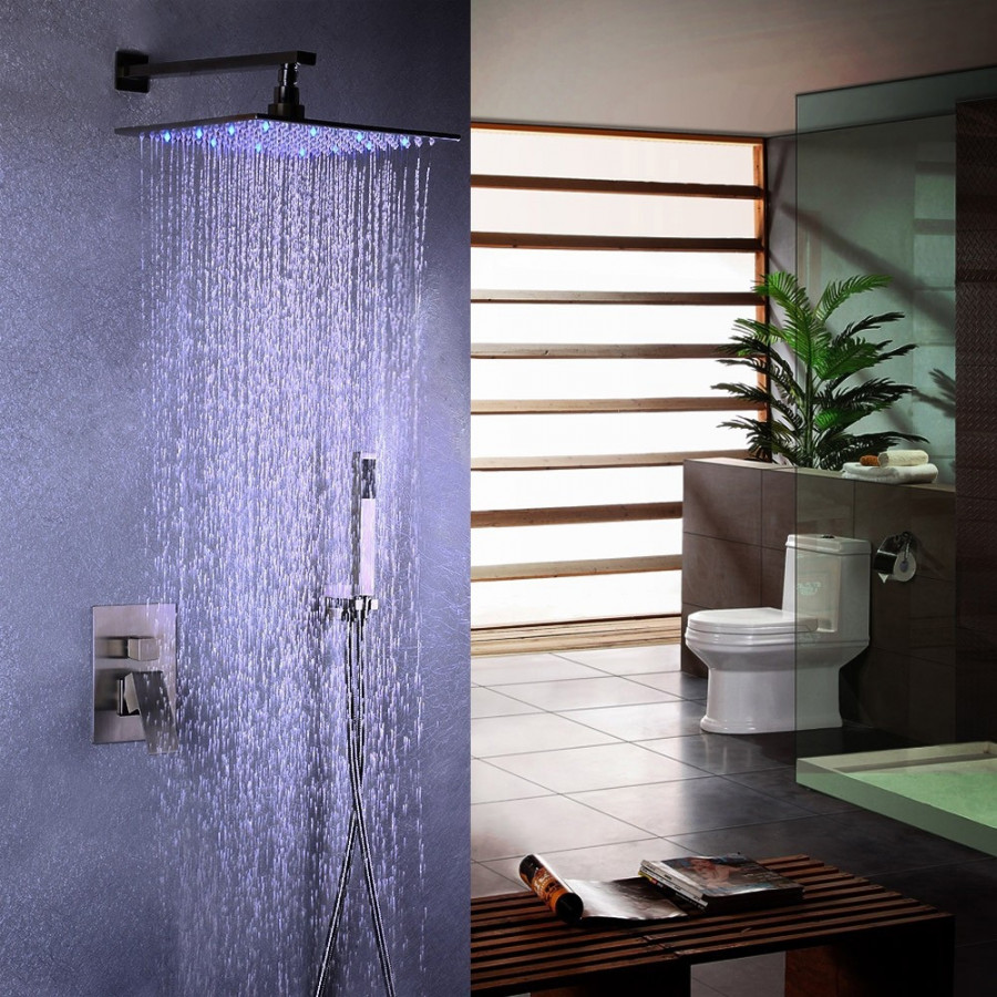 HMR - Wall Mount Square Showerhead and Hand Shower System in with LED