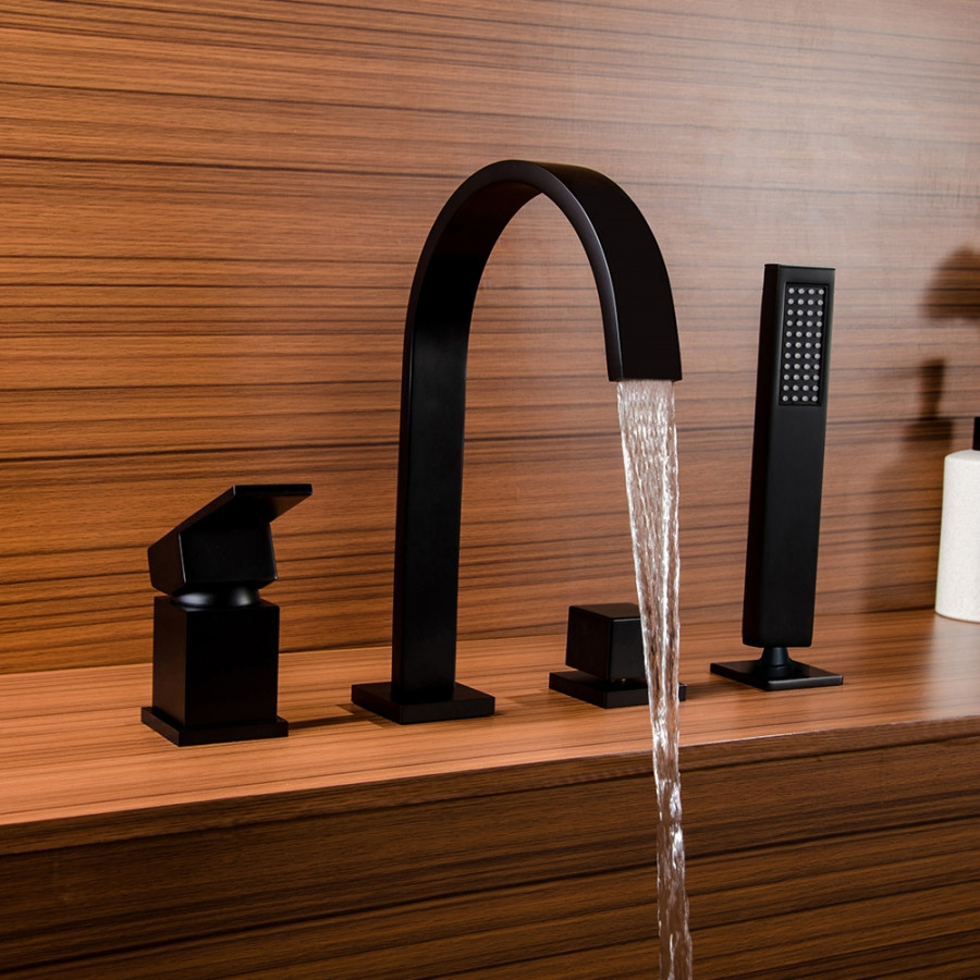 HMR - Dree Waterfall Spout Deck-Mount Roman Tub Faucet in Matte Black Brass