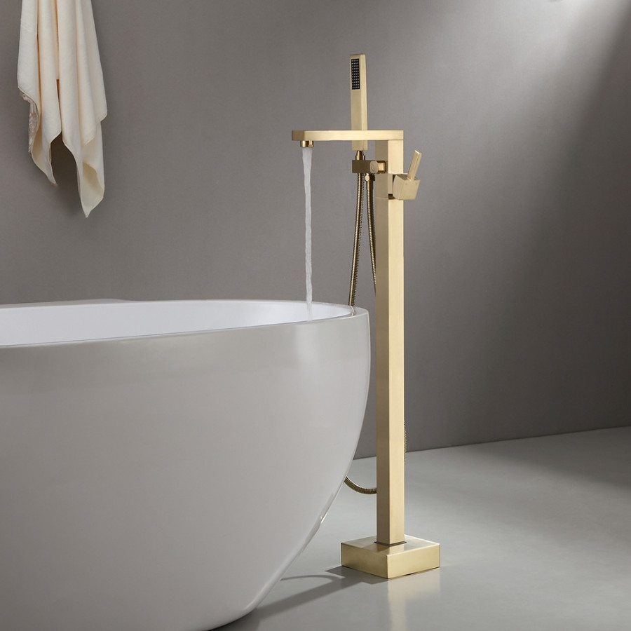 HMR - Dree Tub Filler Floor Mount Faucet with Hand Shower in Brushed Gold