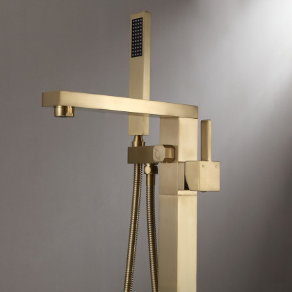 HMR - Dree Tub Filler Floor Mount Faucet with Hand Shower in Brushed Gold