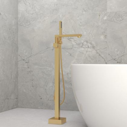 HMR - Dree Tub Filler Floor Mount Faucet with Hand Shower in Brushed Gold
