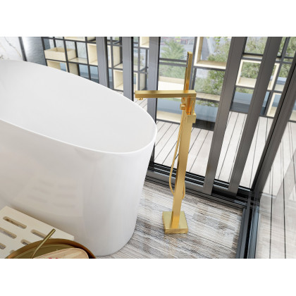 HMR - Dree Tub Filler Floor Mount Faucet with Hand Shower in Brushed Gold