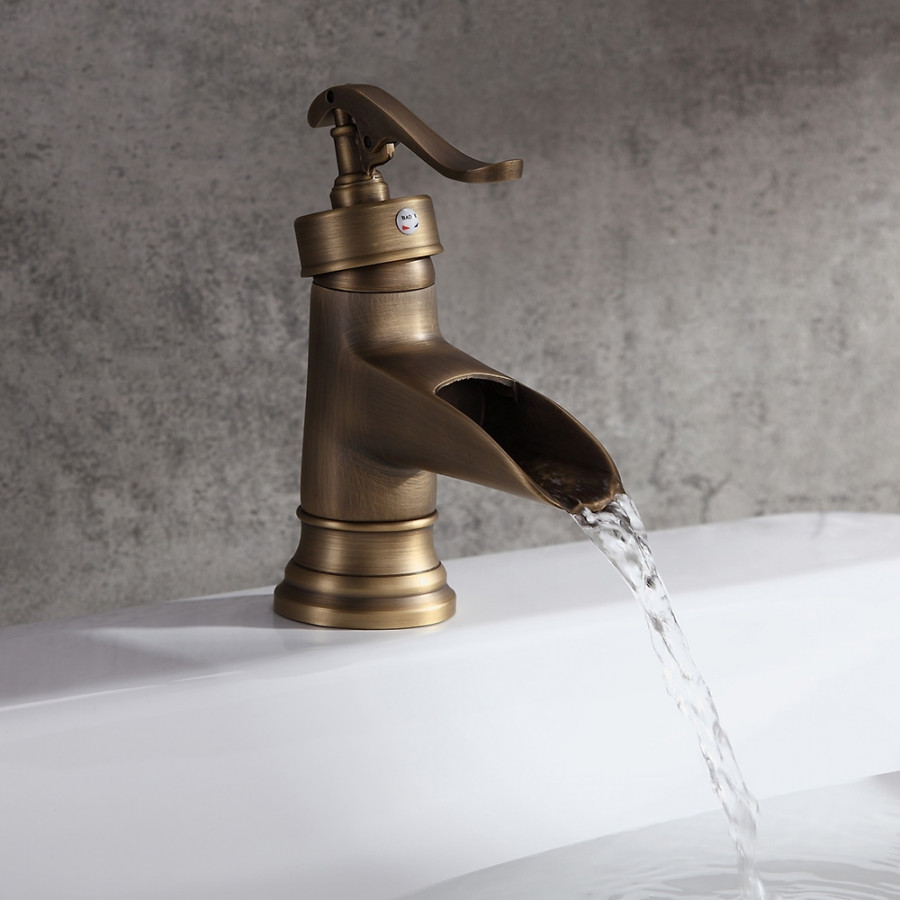 HMR - Single Hole Waterfall Bathroom Sink Faucet Solid Brass in Antique Brass
